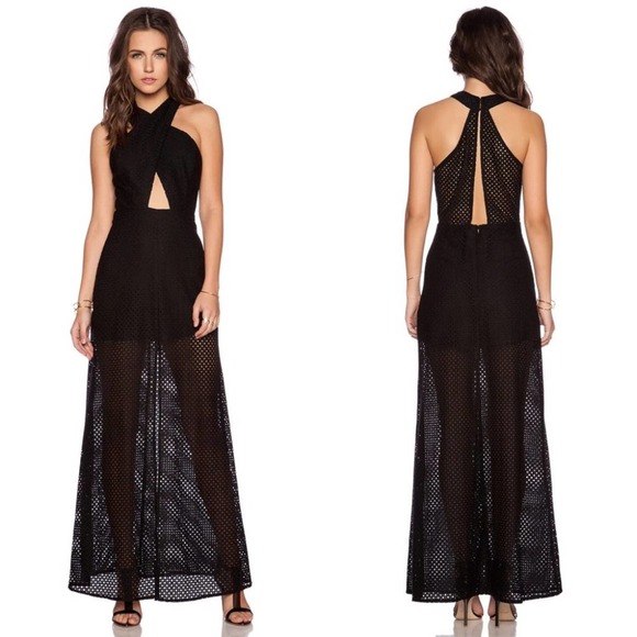 Line & Dot Dresses & Skirts - Line & Dot Spring Life Sheer Mesh Cross-Neck Keyhole Halter Wrap Dress in Black